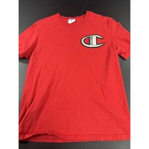 Vintage Champion Big Embroidered Stitched Logo T-shirt Mens Size Large Red